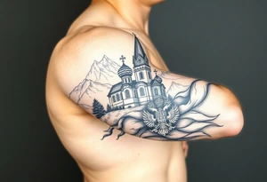 russian orthodox christian left arm tattoo with st basils cathederal in a mountainous setting with a russian coat of arms tattoo idea
