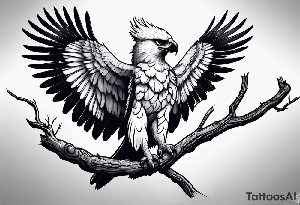Harpy eagle perched on a branch tattoo idea
