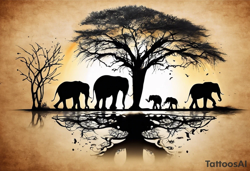 “AI, can you create a unique tattoo design for me? I envision three elephants – a small one in the front, the dad behind, and the mom behind the dad. I’d like the background to feature a rising sun and an African tree. Feel free to add your artistic touch and details to make it special.” tattoo idea