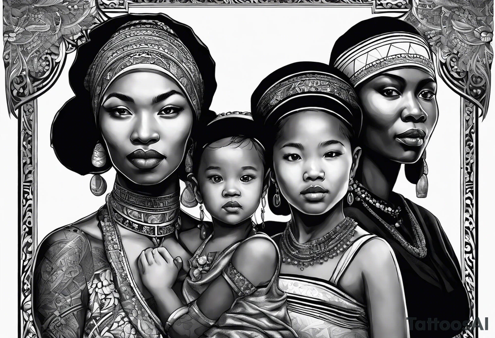 three people leaning against each other. on the left a really very young african daughter, in the middle a german mother, on the right a really very old asian grandmother. big difference in age, in an artfully decorated frame tattoo idea