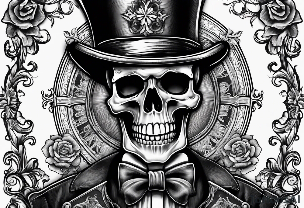 old time skeleton wearing a top hat holding a holy bible tattoo idea