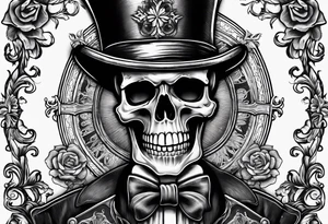 old time skeleton wearing a top hat holding a holy bible tattoo idea
