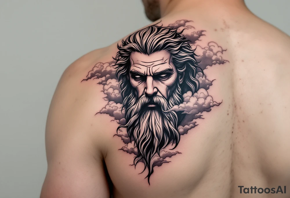 a realistic, black and white, masculine tattoo of Zeus’s face in the clouds facing slightly downwards and to just slightly to one side in the style of realism, hyper realistic, heavy lines  , elegantly shaded tattoo idea
