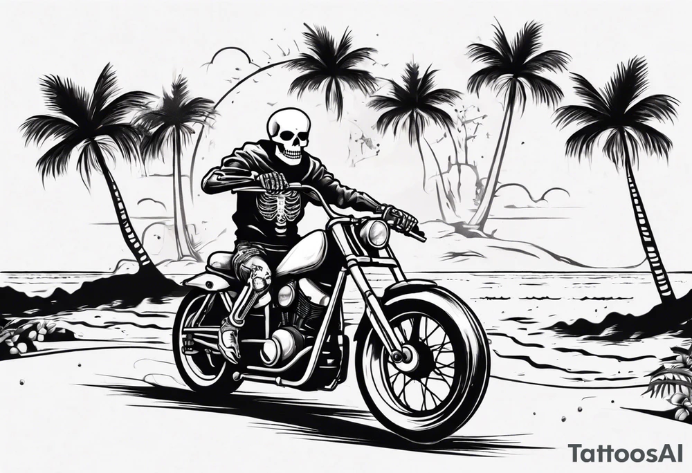 A skeleton riding a motorcycle on the beach with palm trees tattoo idea