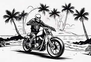 A skeleton riding a motorcycle on the beach with palm trees tattoo idea