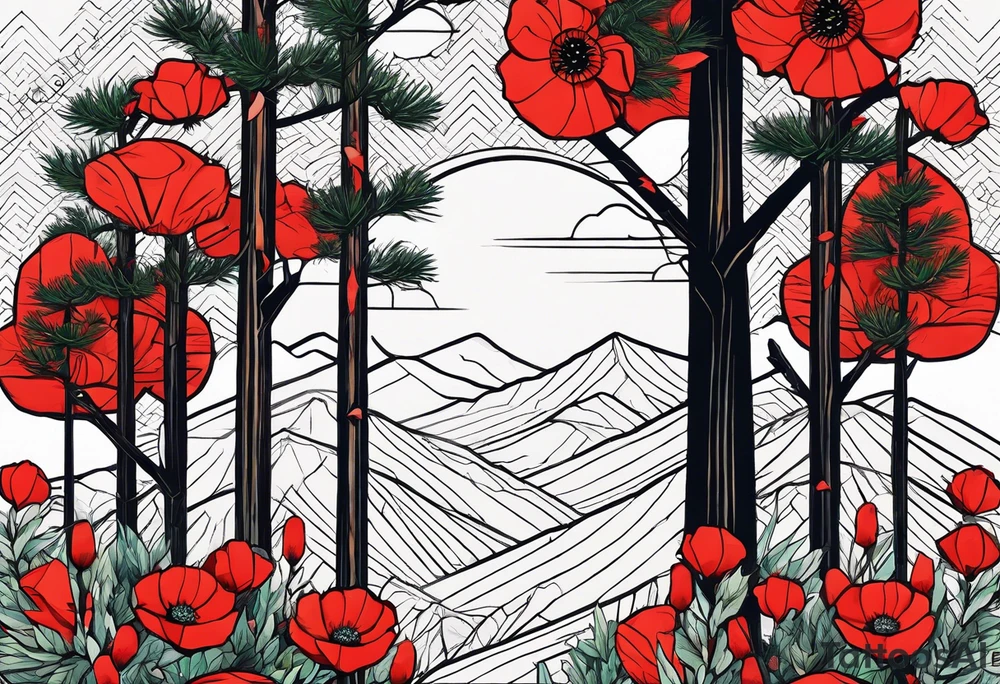 a forest of pine trees with one small poppy in front and the korean word for patience tattoo idea