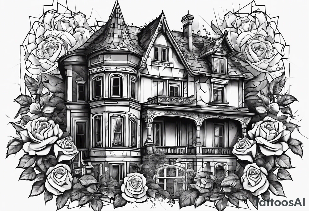 тату рукав, abandoned old gotic house, broken sword, roses, tattoo idea