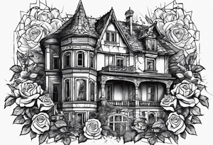 тату рукав, abandoned old gotic house, broken sword, roses, tattoo idea