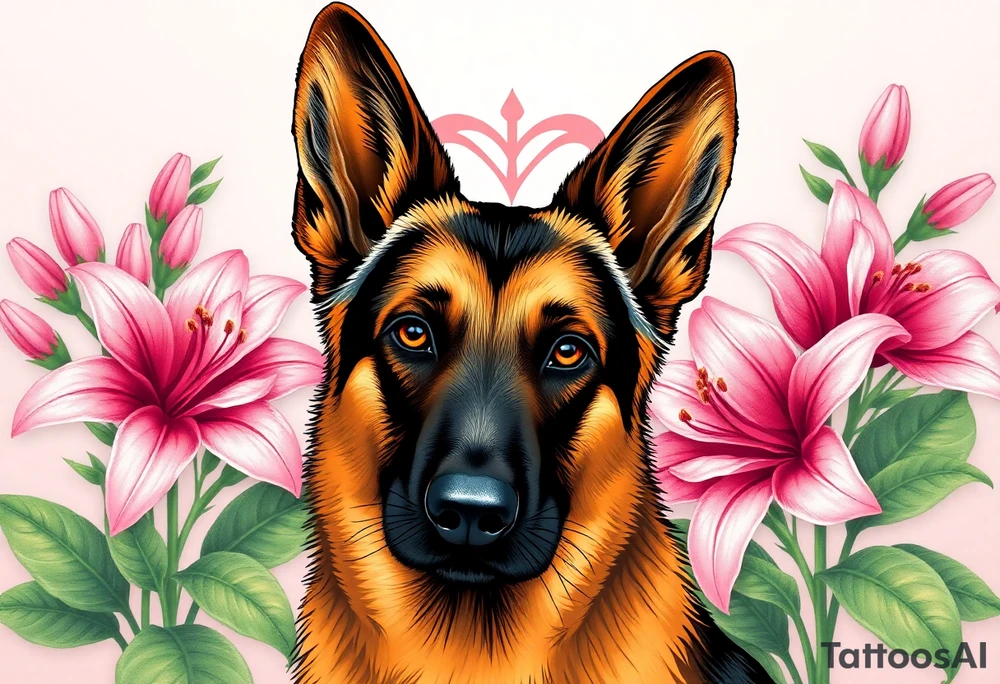 realistic german shepherd with alert ears looking protective surrounded by pink lilies with large leaves in front of a sacred heart tattoo idea