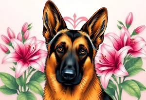 realistic german shepherd with alert ears looking protective surrounded by pink lilies with large leaves in front of a sacred heart tattoo idea