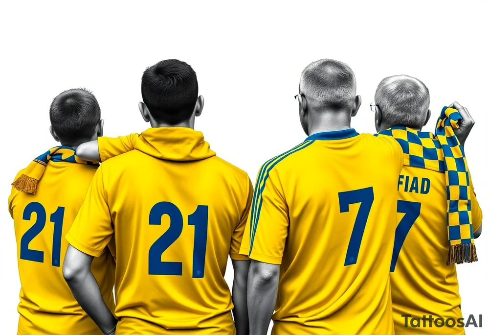 4 soccer fans from their backs, wearing yellow blue shirts. the second one from left having a kid on his shoulders and he's wearing the number 21 on his shirt. 
the kid is rising a scarf.
the right one is older, more fat and shorter and wearing an shirt with the number 7 on it and has on his shoulders line like adidas
the left on has a yellow-blue Checkered on his shirt and he's holding a yellow-blue scarf in his right hand
make some space between the men tattoo idea