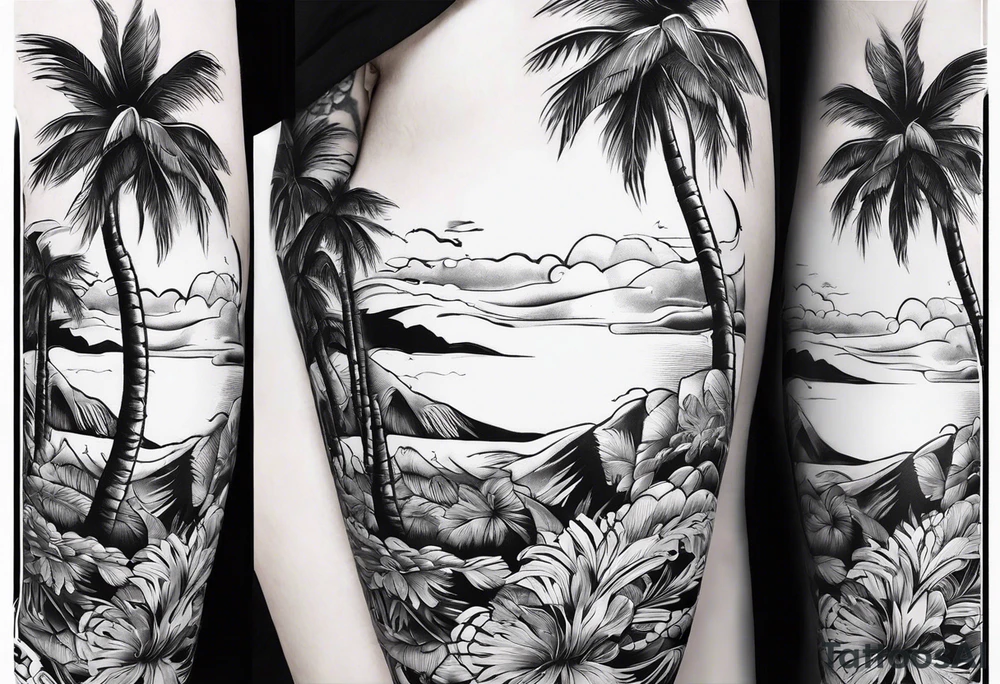 women's sleeve with palm trees tattoo idea