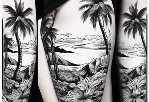 women's sleeve with palm trees tattoo idea
