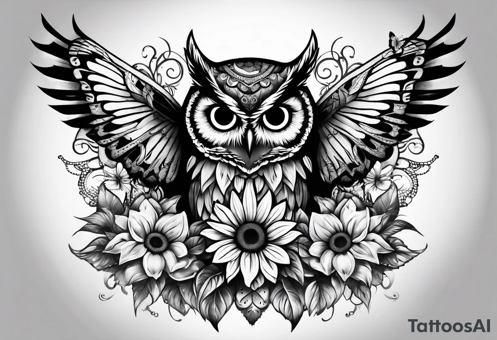 Owl with butterfly and sunflower tattoo idea