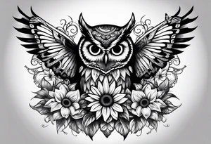 Owl with butterfly and sunflower tattoo idea