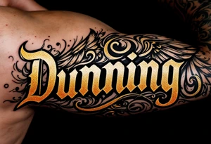 Dunning, details include bold strong font, gold highlights, theme of wealth and angel wings, taino native tattoo idea