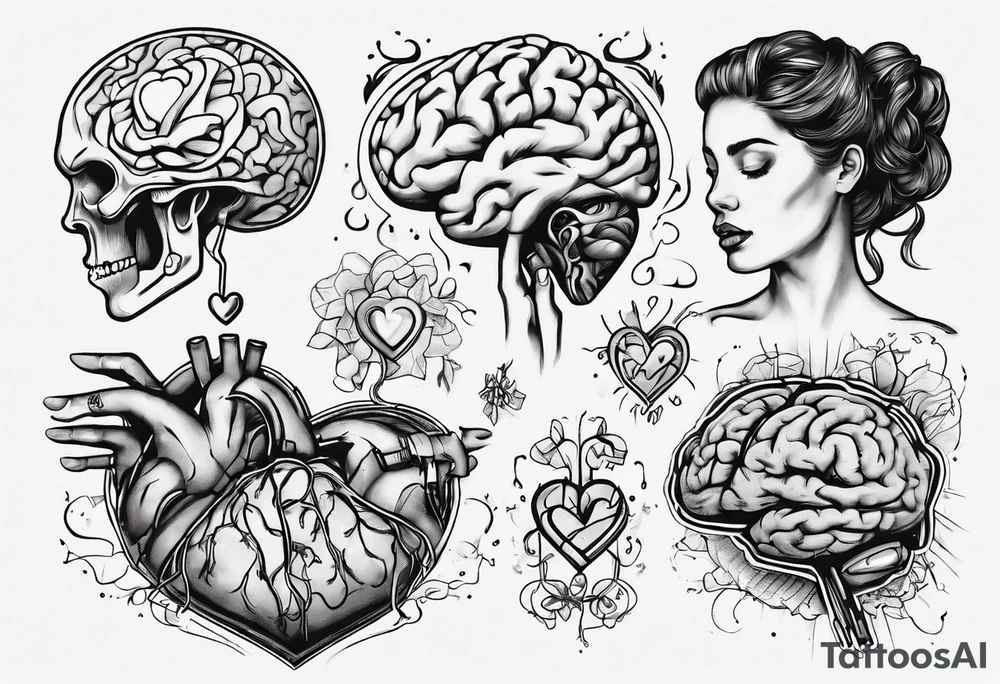 Heart and brain in line art, held down by a woman's hand holding them by string tattoo idea