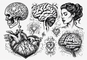 Heart and brain in line art, held down by a woman's hand holding them by string tattoo idea