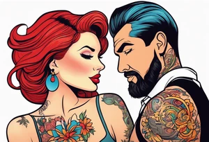 Busty Red haired woman with tall black haired man tattoo idea