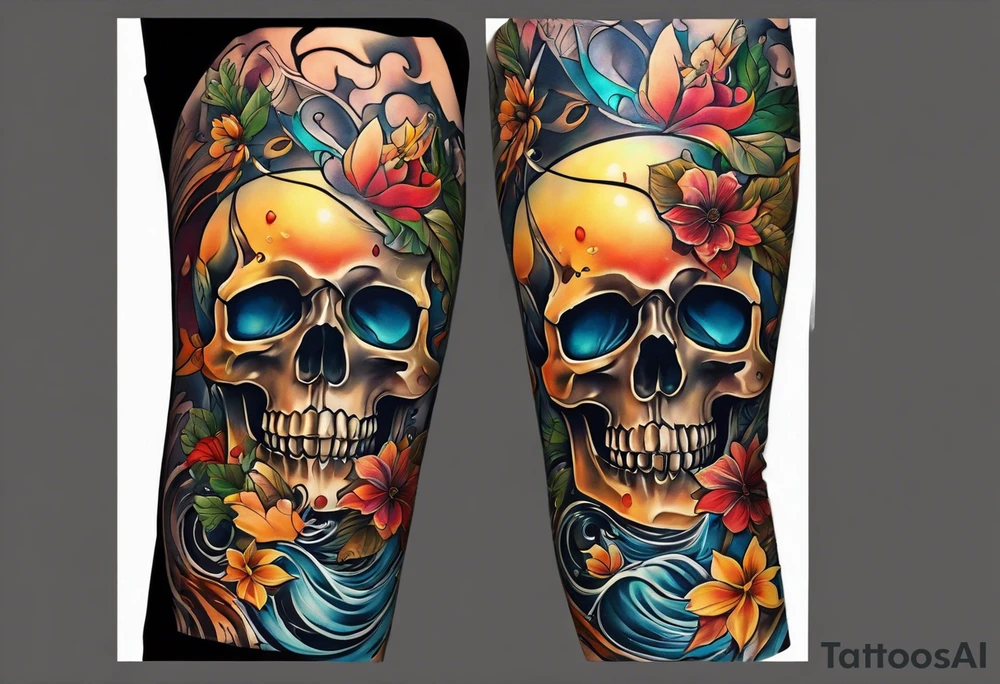 arm sleeve with fall colors, flowers, water flow shapes, leaves and various natural shapes, music notes, skulls tattoo idea