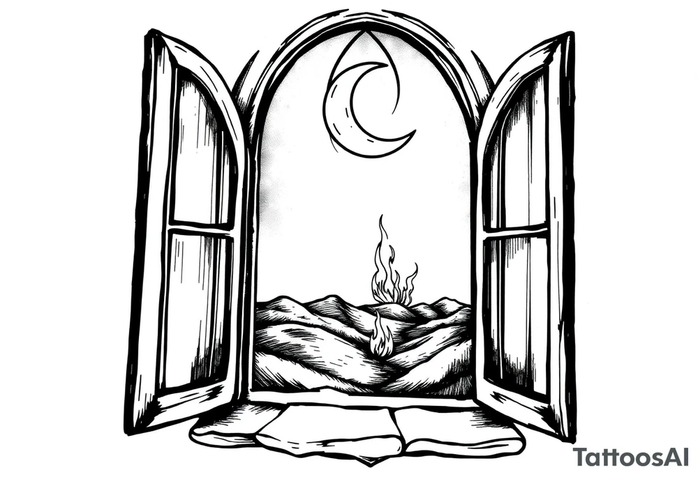 Tall church window with stained glass showcasing crescent moon over a hilly landscape as a fire burns in the distance tattoo idea