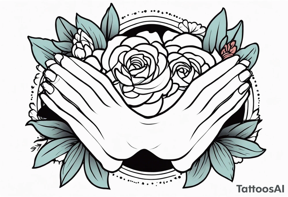 hands praying with flowers simple bold tradional old school style bold colors tattoo idea