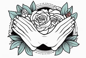 hands praying with flowers simple bold tradional old school style bold colors tattoo idea