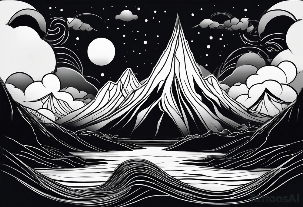 A world that appears to be upside down including Mountains and a moon that drips down Drops. tattoo idea