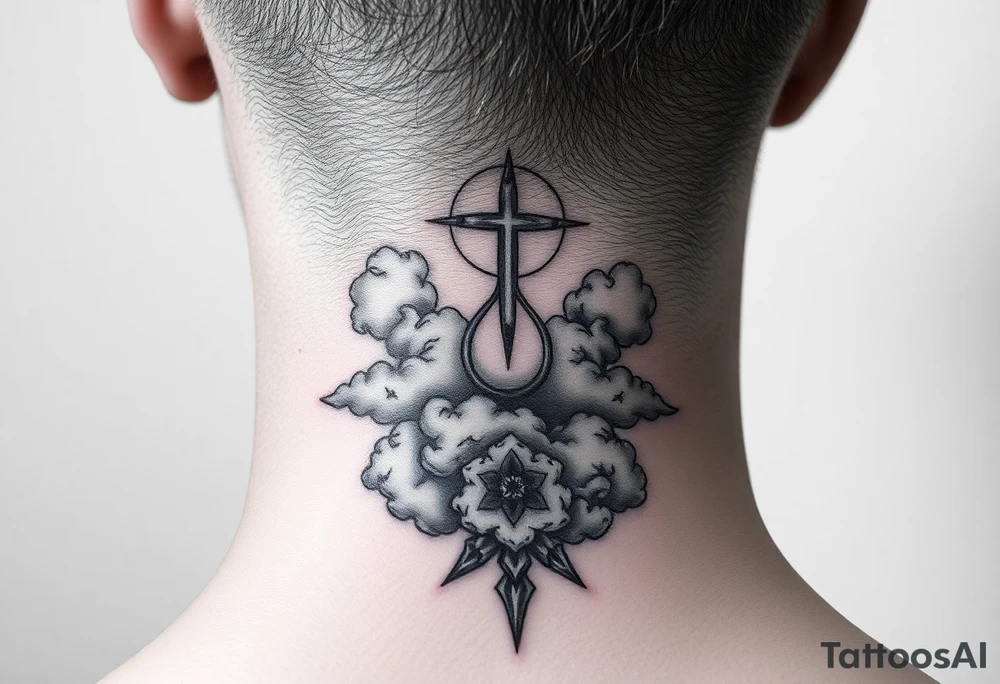 spiritual meaning objects with clouds in the background including hits of red tattoo idea