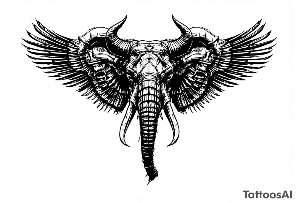 A hieroglyphic, depicting an ancient and gargantuan African elephant with horns protruding from its forehead and wings that resemble that of a falcons tattoo idea