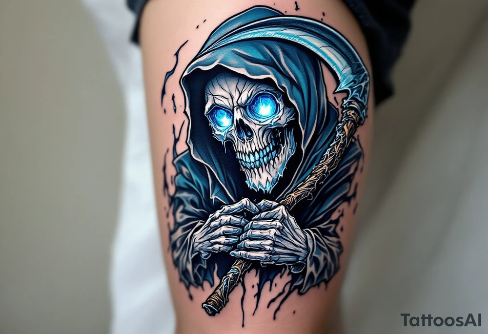 A blue-hued Grim Reaper with ice-crystal eyes, gripping a frost-covered scythe. tattoo idea