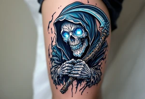 A blue-hued Grim Reaper with ice-crystal eyes, gripping a frost-covered scythe. tattoo idea