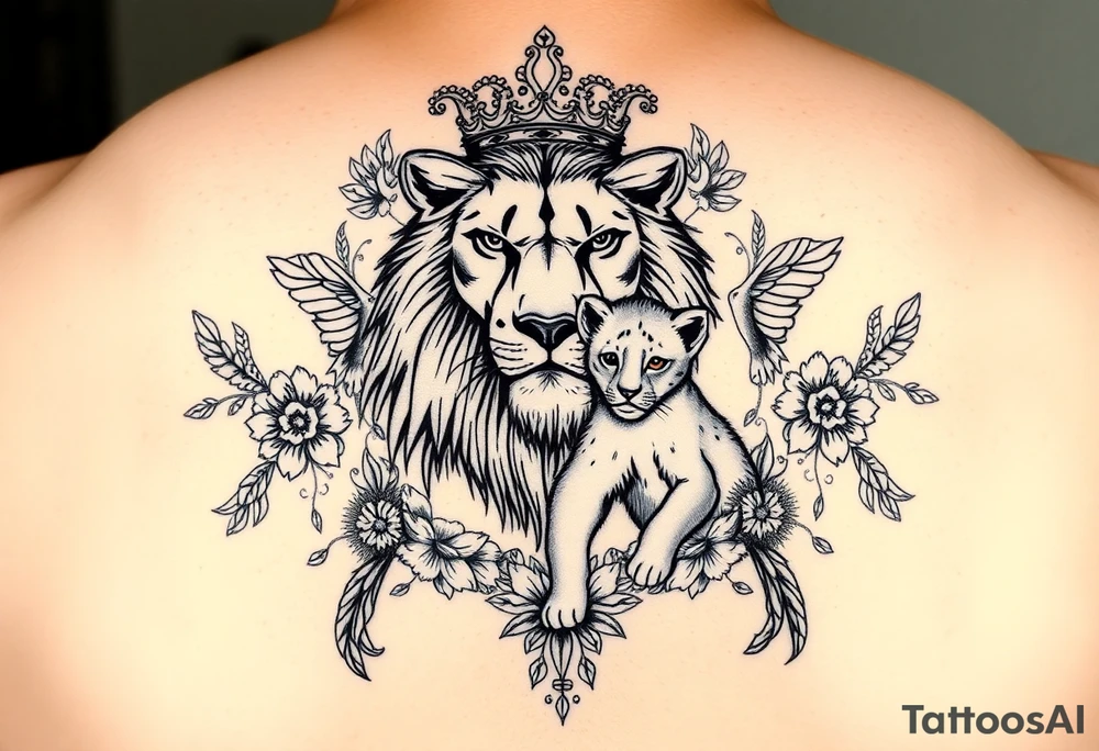 powerful majestic lion and cub with a crown, surrounded by floral ornaments and birds tattoo idea