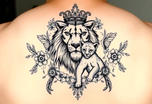 powerful majestic lion and cub with a crown, surrounded by floral ornaments and birds tattoo idea