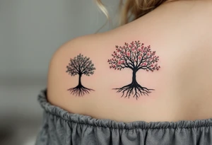 One partner wears a black ink silhouette of a tree with strong roots, while the other has a matching tree with blooming branches in soft pink and green, symbolizing grounded love and shared growth. tattoo idea
