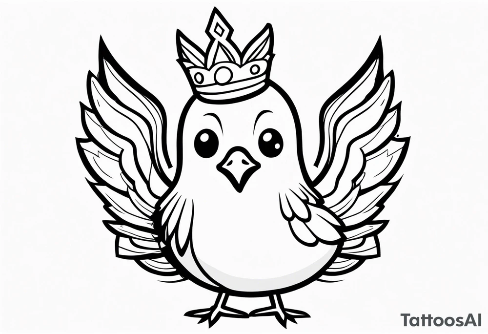 cute 2-d chicken, in a small crown, with a small beak and wings, drawn with a very thin line tattoo idea