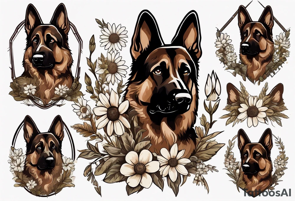 Dark Brown German shepherd portrait surrounded by  daisies tattoo idea
