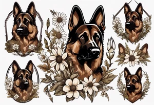 Dark Brown German shepherd portrait surrounded by  daisies tattoo idea
