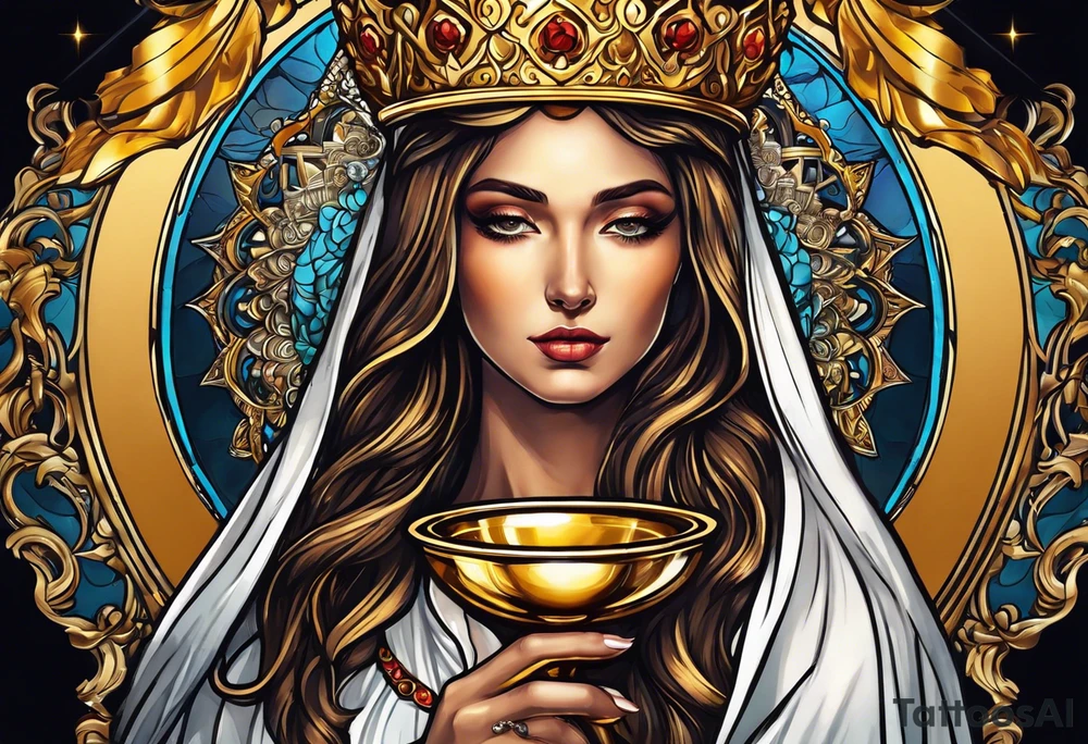 holy saint woman with golden halo holding a chalice tattoo idea