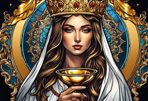holy saint woman with golden halo holding a chalice tattoo idea