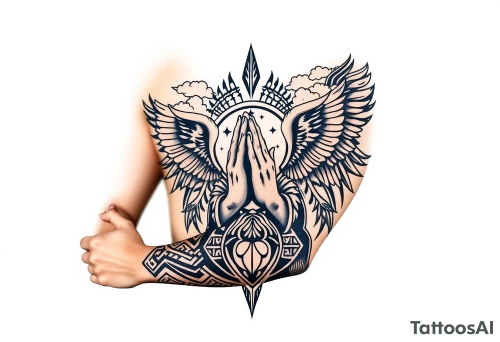 cast all your anxiety on him because he cares for you"  1 peter 5:7 surrounded with clouds and angels and praying hands tattoo idea