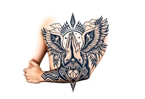 cast all your anxiety on him because he cares for you"  1 peter 5:7 surrounded with clouds and angels and praying hands tattoo idea