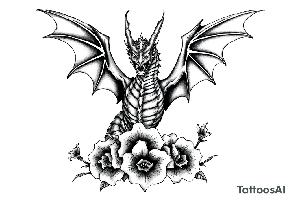 scary dragon with sharp wings and death flowers tattoo idea