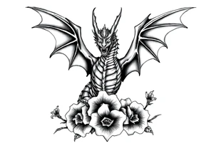 scary dragon with sharp wings and death flowers tattoo idea