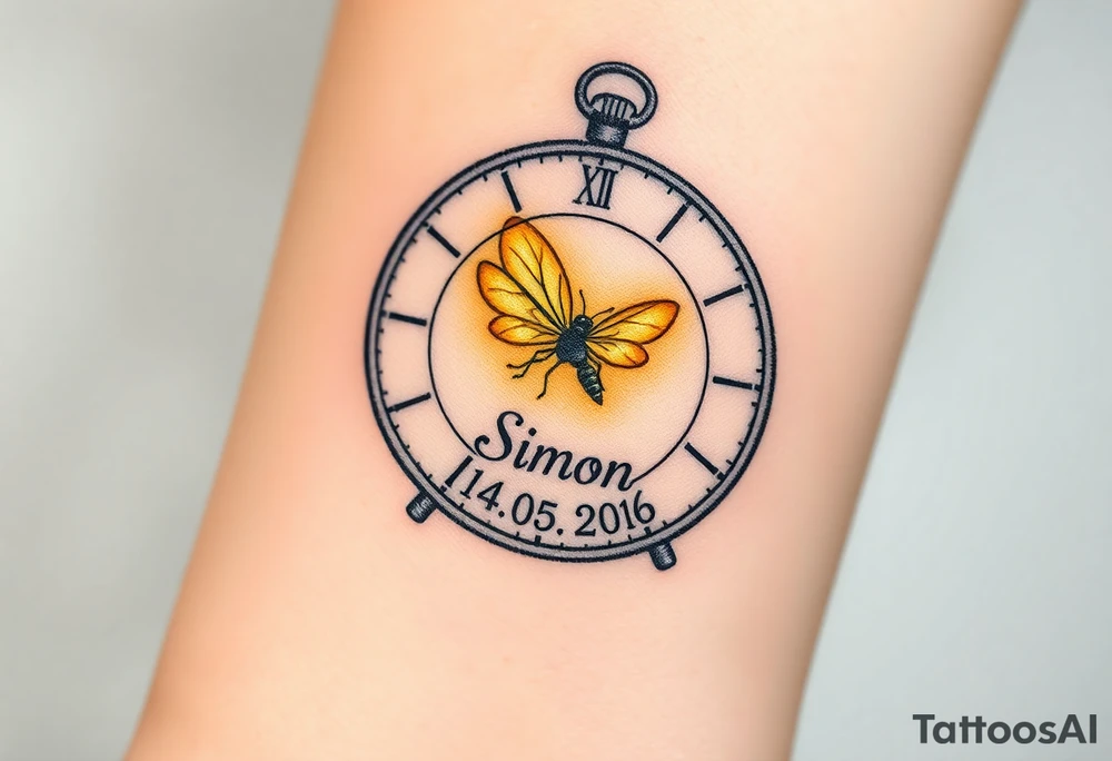 A glowing firefly trapped inside a small clock with baby´s name "Simon" and date "14. 05. 02016", symbolizing the magic of childhood, in warm yellow and soft amber. tattoo idea