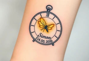 A glowing firefly trapped inside a small clock with baby´s name "Simon" and date "14. 05. 02016", symbolizing the magic of childhood, in warm yellow and soft amber. tattoo idea