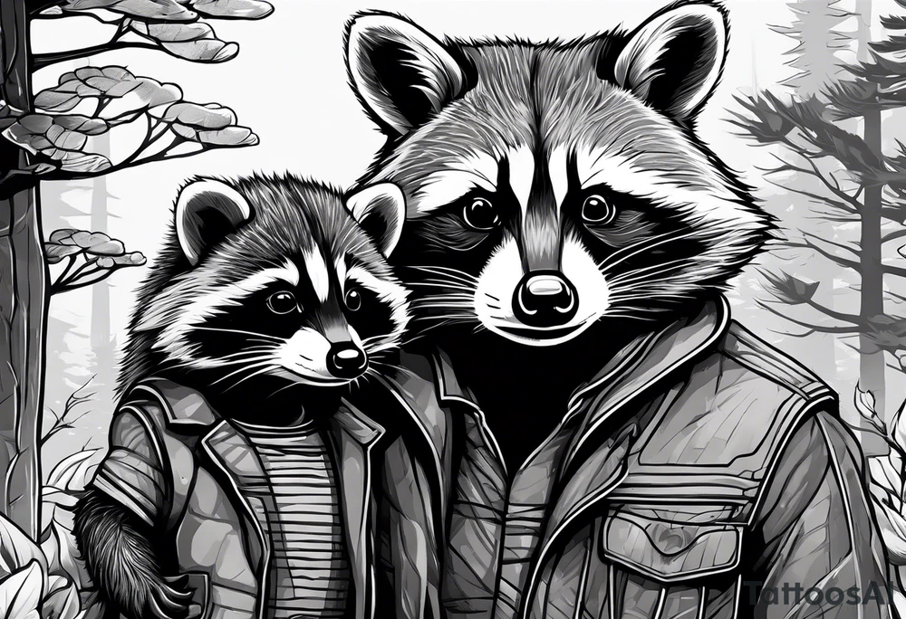 Very detailed Raccoon Husband with wife and child.
Background modern House between woods tattoo idea
