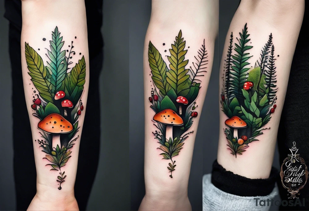 minimalistic forest floor inspired tattoo, which includes grass, moss, curly ferns and dead leaves as the bulk of the tattoo. details to include: forest berries, couple of very small brown mushrooms, a tiny bumblebee flying nearby tattoo idea
