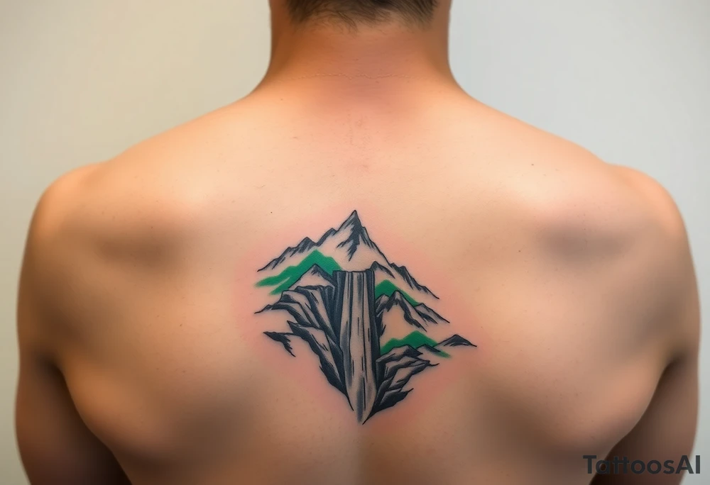 သား  surrounded by a colorful green mountainside with a waterfall tattoo idea