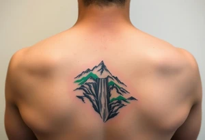 သား  surrounded by a colorful green mountainside with a waterfall tattoo idea